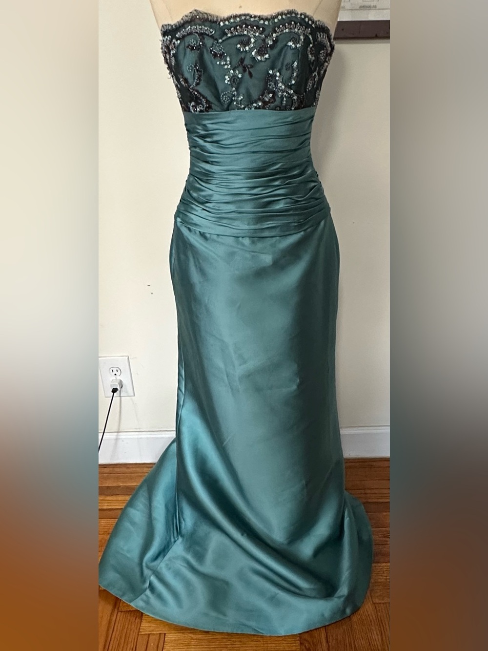 Strapless Teal Satin Evening Gown with Beaded Bust Prom Gala Bridesmaid Dress